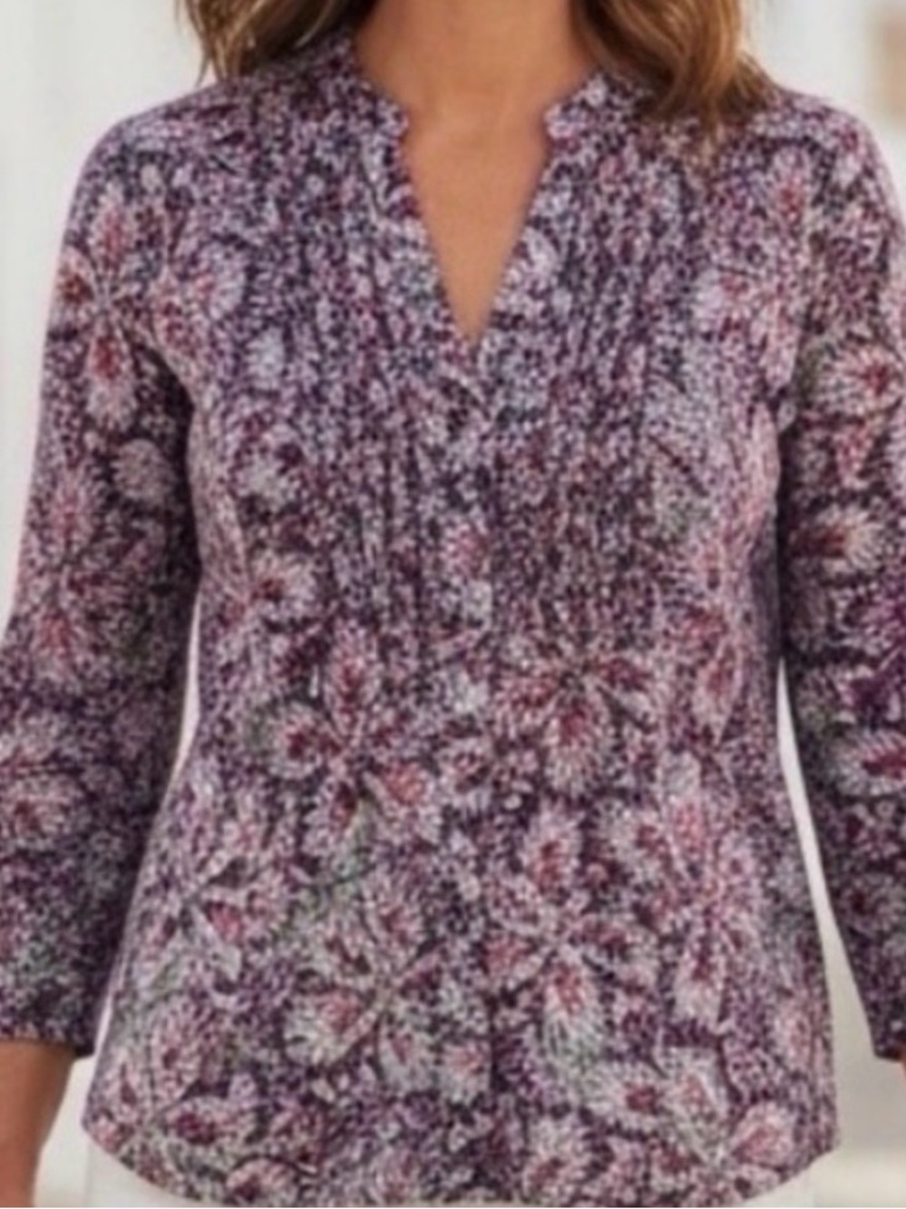 👛(ANY 2/$25) Vintage JM COLLECTION Cotton Blouse, pink/purple/green 3/4 Sleeves